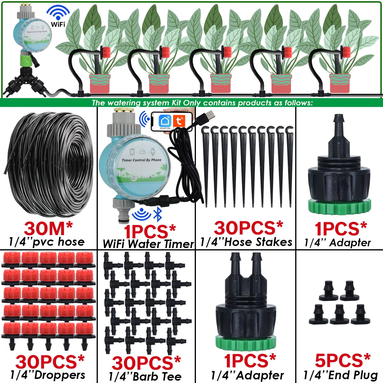 5-50M Garden Automatic Watering System Kit Wifi 4/7Mm Micro Drip Irrigation Dropper DIY for Potted Plants Lawn Greenhouse
