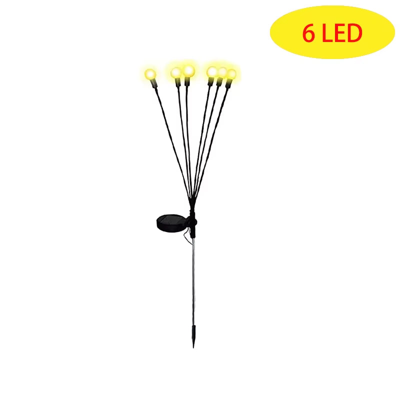 Solar firefly light stake with yellow LED bulbs on flexible stems for garden pathways