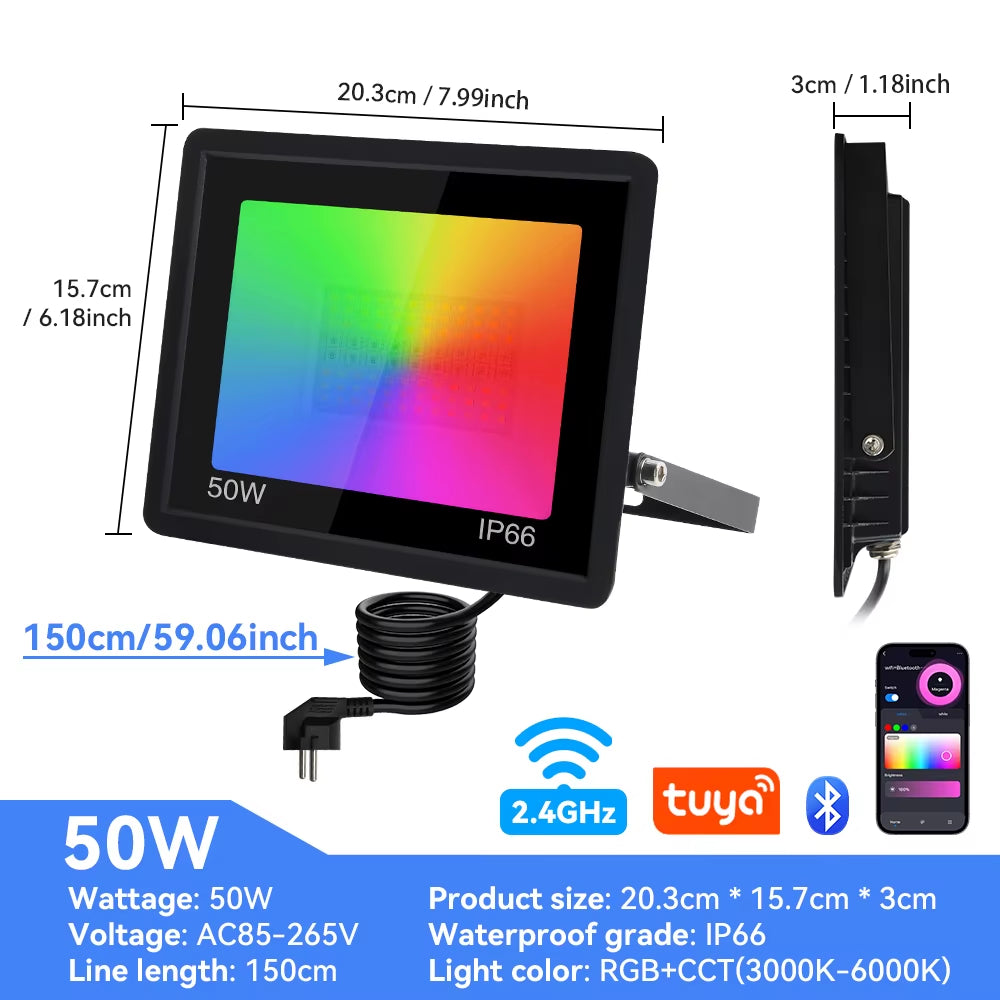 RGB Floolight TUYA Smart Control Floolight RGBCW IP65 Outoor Light 50W 100W Multicolor Spotlights WIFI Connect for Garen Bac