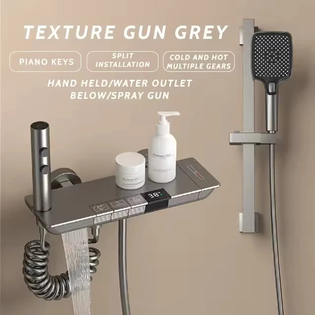 Smart LED Digital Screen Four-Function Brass Shower Set Polished Square Shower Head Ceramic Rain Waist Back SPA Apartment