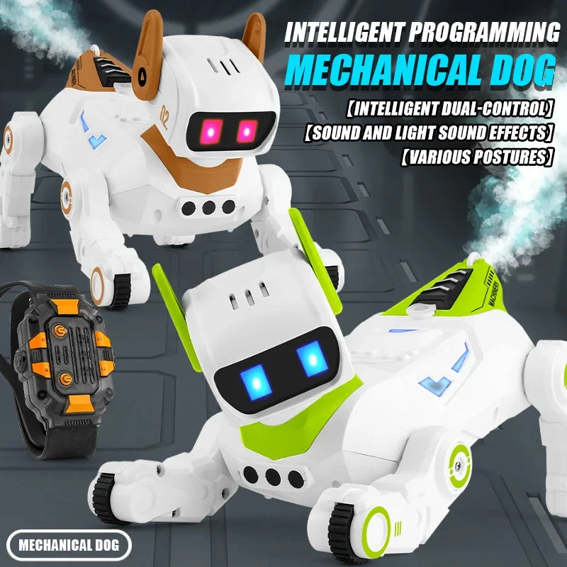 Intelligent Robot 2.4G RC Smart Programming Stunt Dog Watch Dual Control Interactive Toys With Cool Spray Toy for Boys Kids Gift