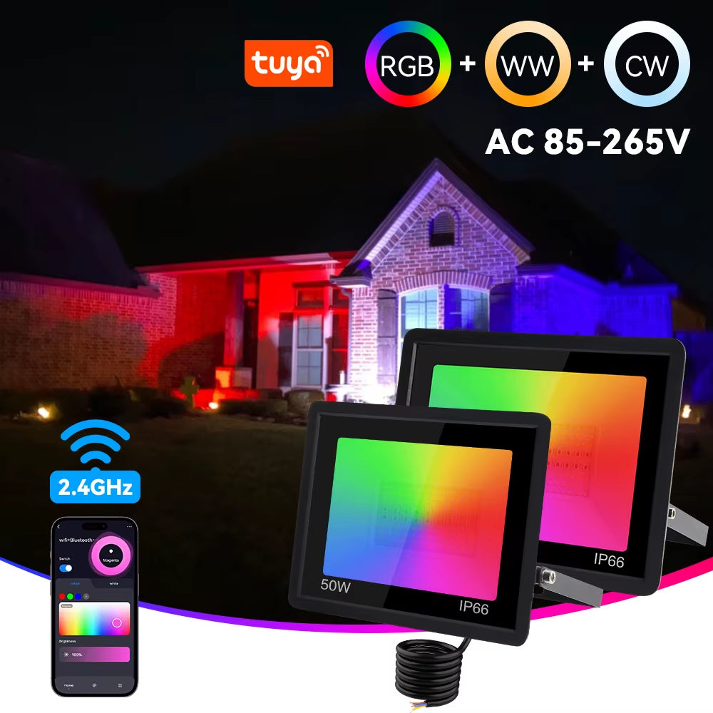 RGB Floolight TUYA Smart Control Floolight RGBCW IP65 Outoor Light 50W 100W Multicolor Spotlights WIFI Connect for Garen Bac