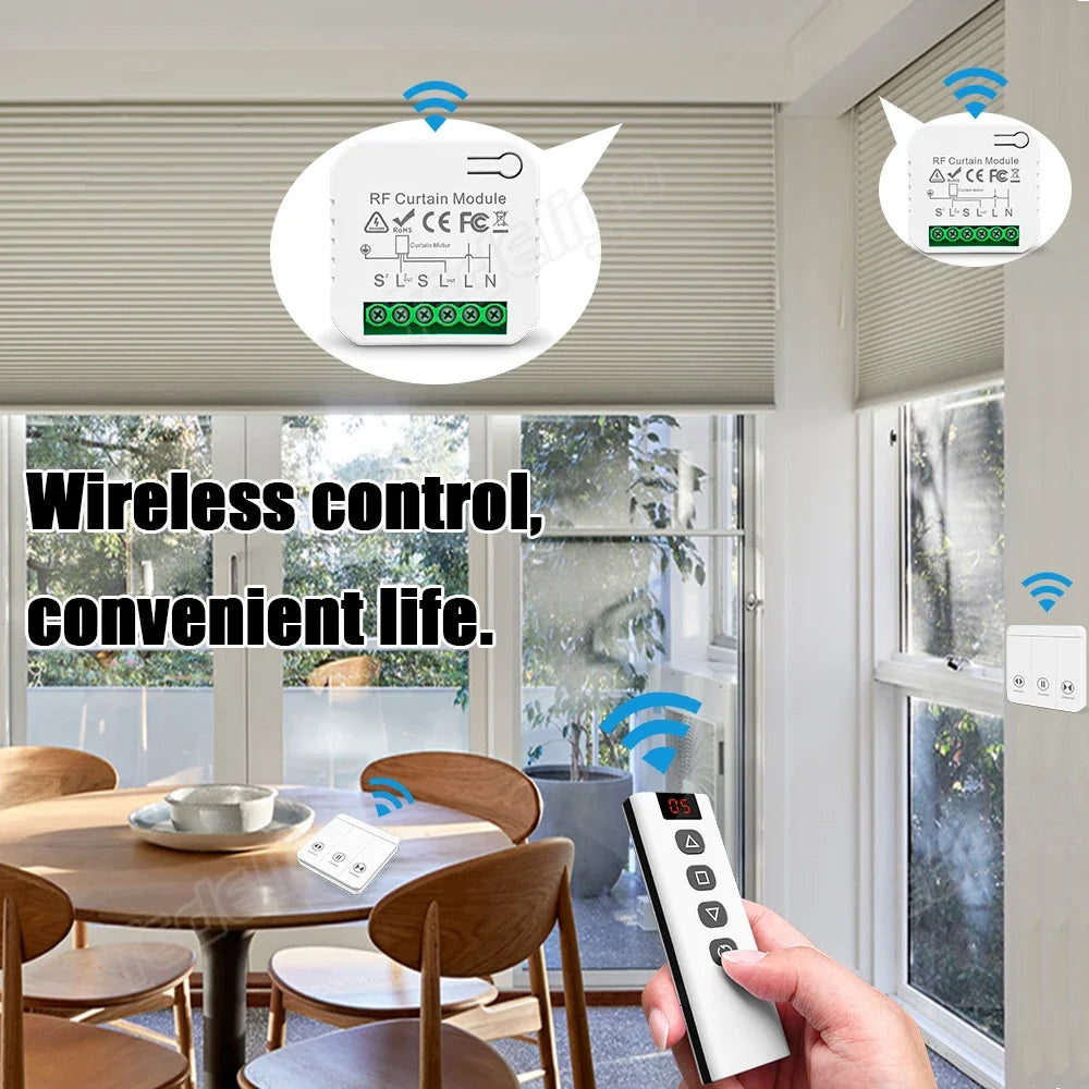 433 MHz RF Curtain Switch Module AC 220V 10A Shutter Controllers with Wireless Remote for Motorized Roller Shutter Blinds Motor