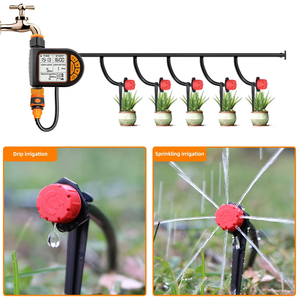 20M Smart Garden Timer Irrigation Set IPX5 Waterproof LCD Automatic Watering Controller Set with Rain Sensor for Farms