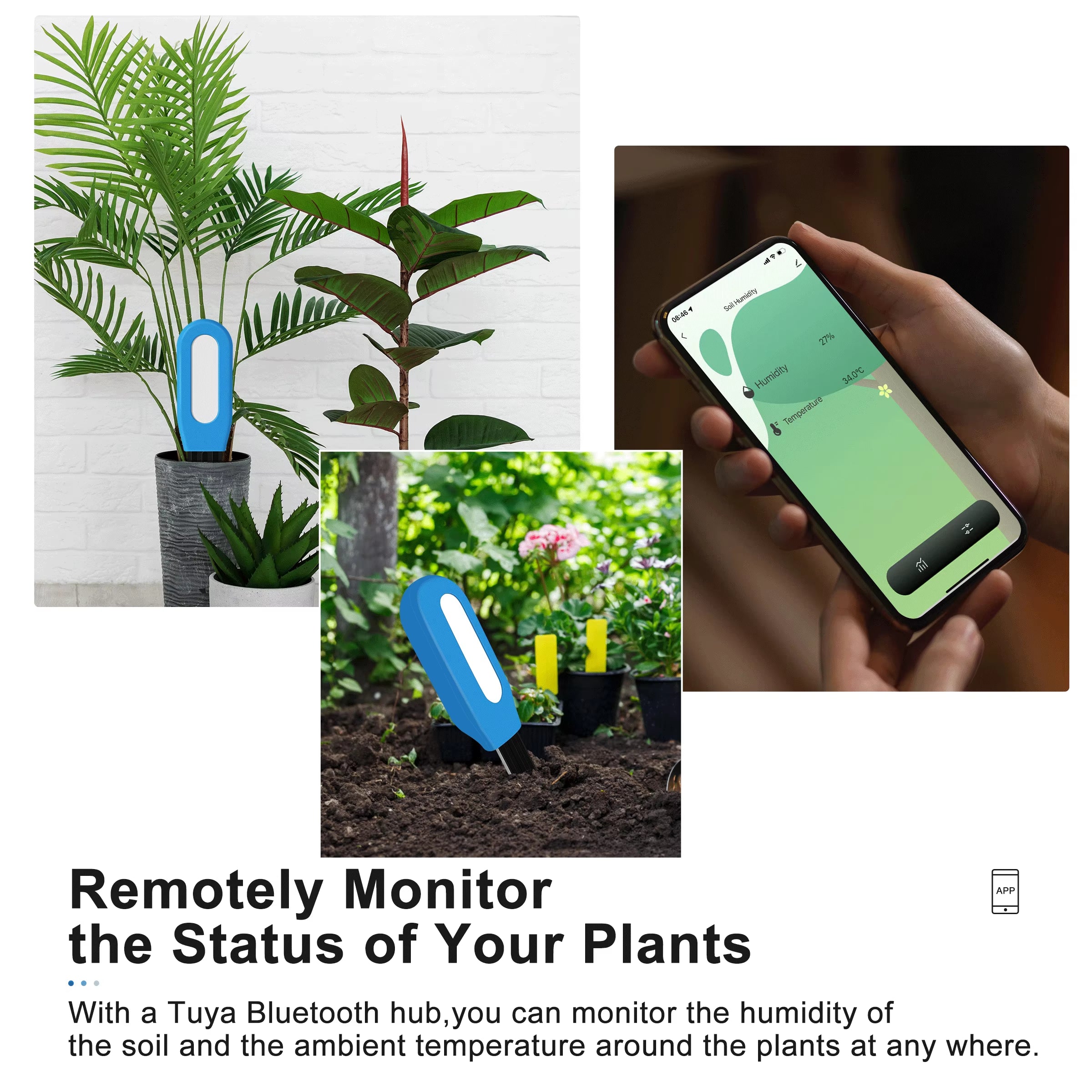 Smart Bluetooth Soil Moisture Meter Wireless Temperature Sensor for Garden Yard Greenhouse Hub Required Works with Alexa