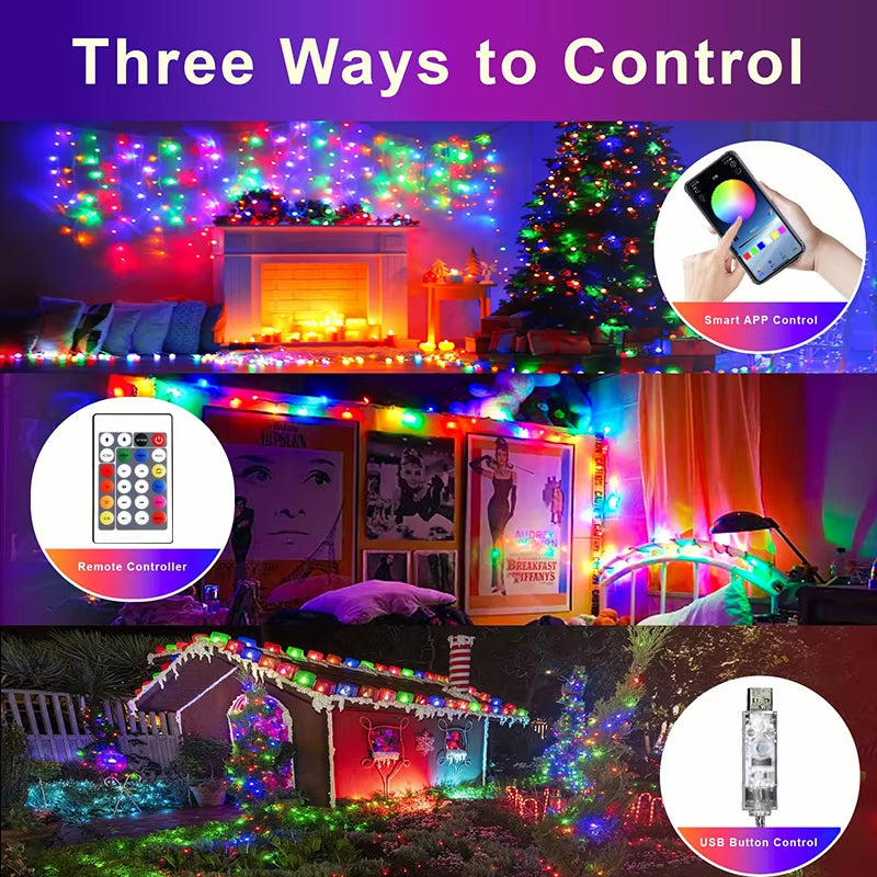 Bluetooth USB LED String Light RGBIC round Garland Light Smart Color Changing Garden Lights String for Home Festival Decor