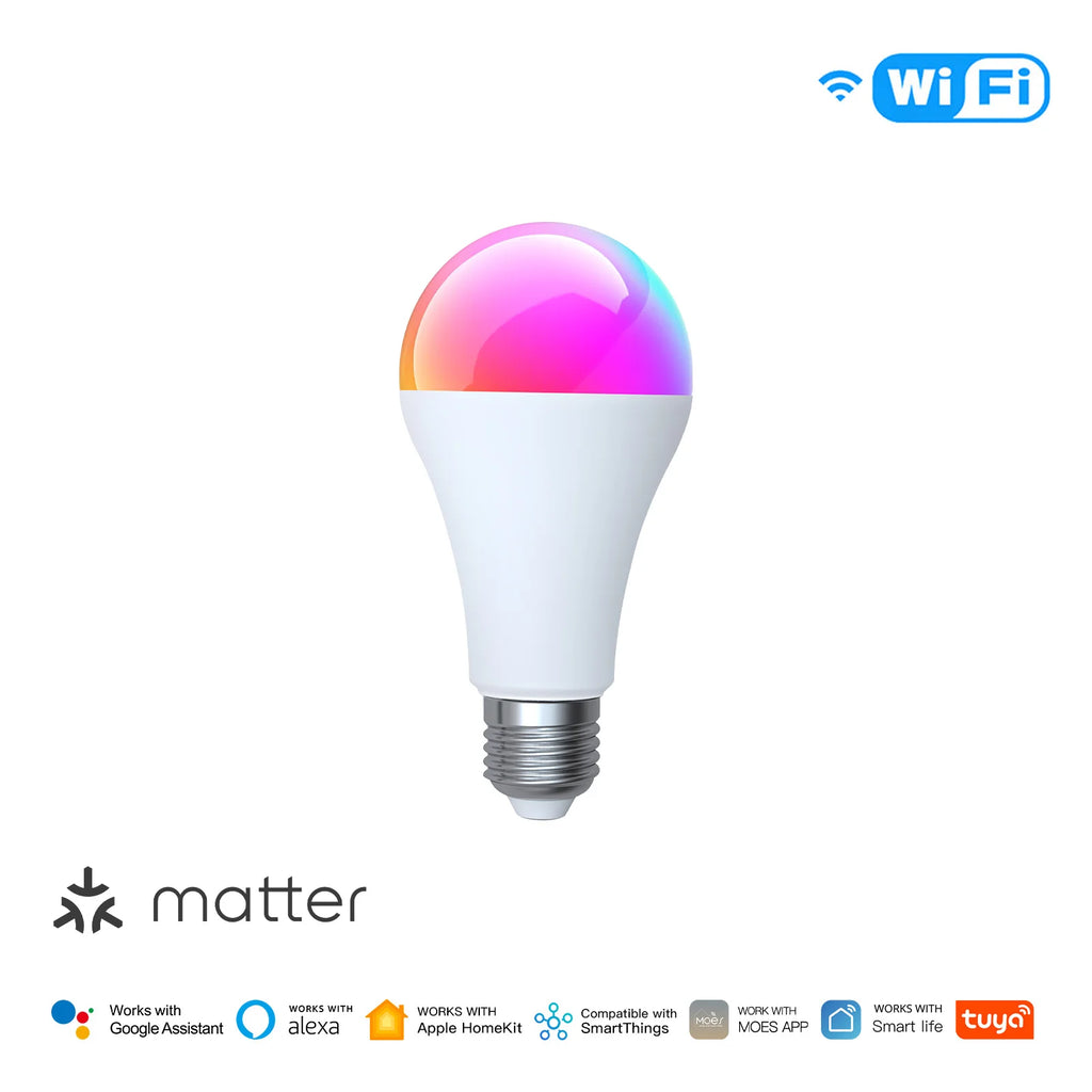 MATTER WiFi Smart Bulb 14W RGB+CW E27, Dimmable 2700K-6500K, Tuya App Control, Color Changing, Works with Alexa Google Home