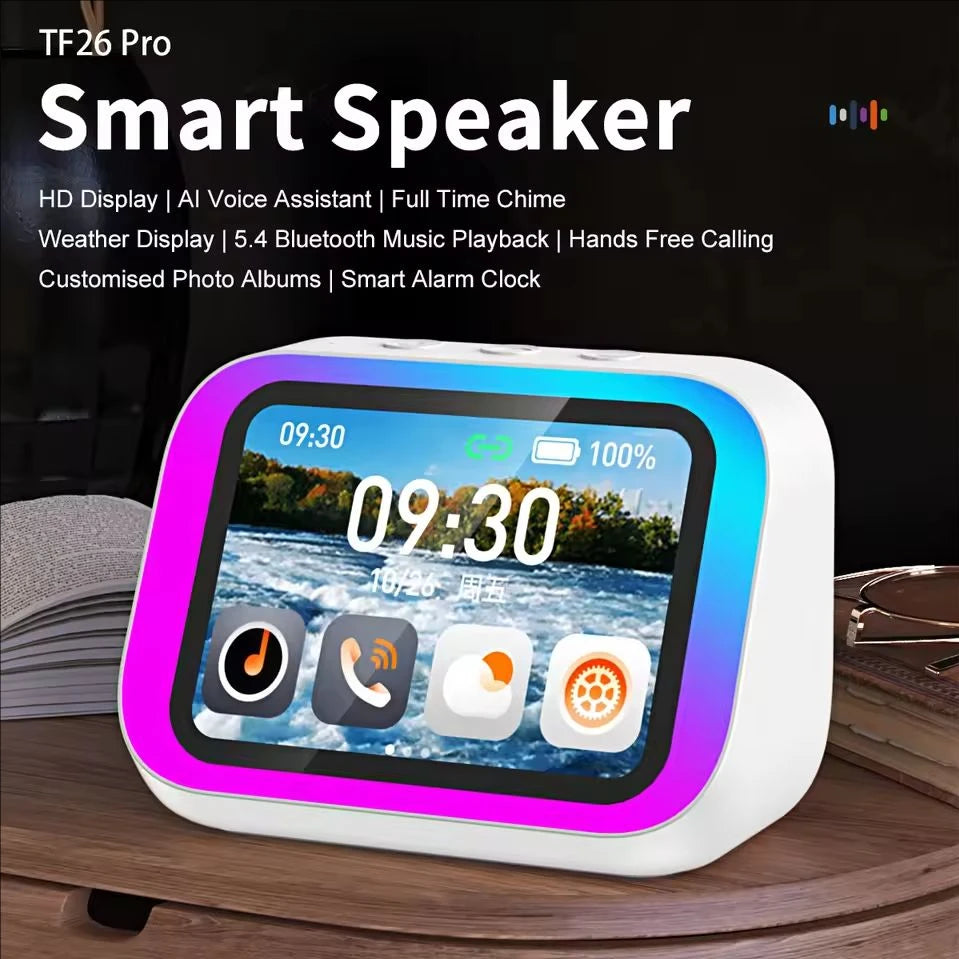 AI Smart Bluetooth 5.4 Speaker HD Touch Screen Display Electronic Album Alarm Clock Hi-fi Stereo Sound Voice Speaking Assistant