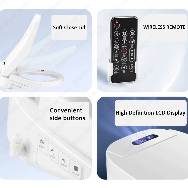 Smart Bidet Toilet Seat with Heated Seat Soft Close Lid Instant Warm Water Wireless Remote Cleaning Modes Elongated Toilet Cover