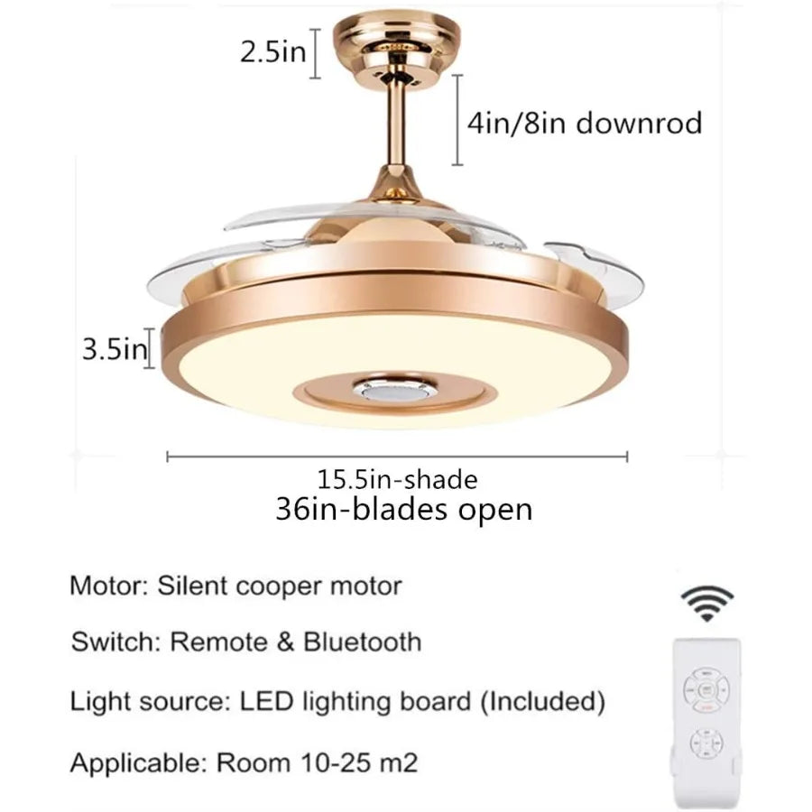 36'' Modern Smart Ceiling Fans with Integrated Light and Bluetooth Speaker 7-Color Adjustable LED Lighting Retractable Blades f
