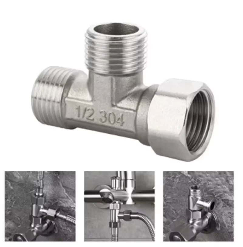 Stainless Steel T Adapter G1/ 2" T-Valve Diverter Valve Three Way Device Hole for Bath Bidet Sprayer Shower