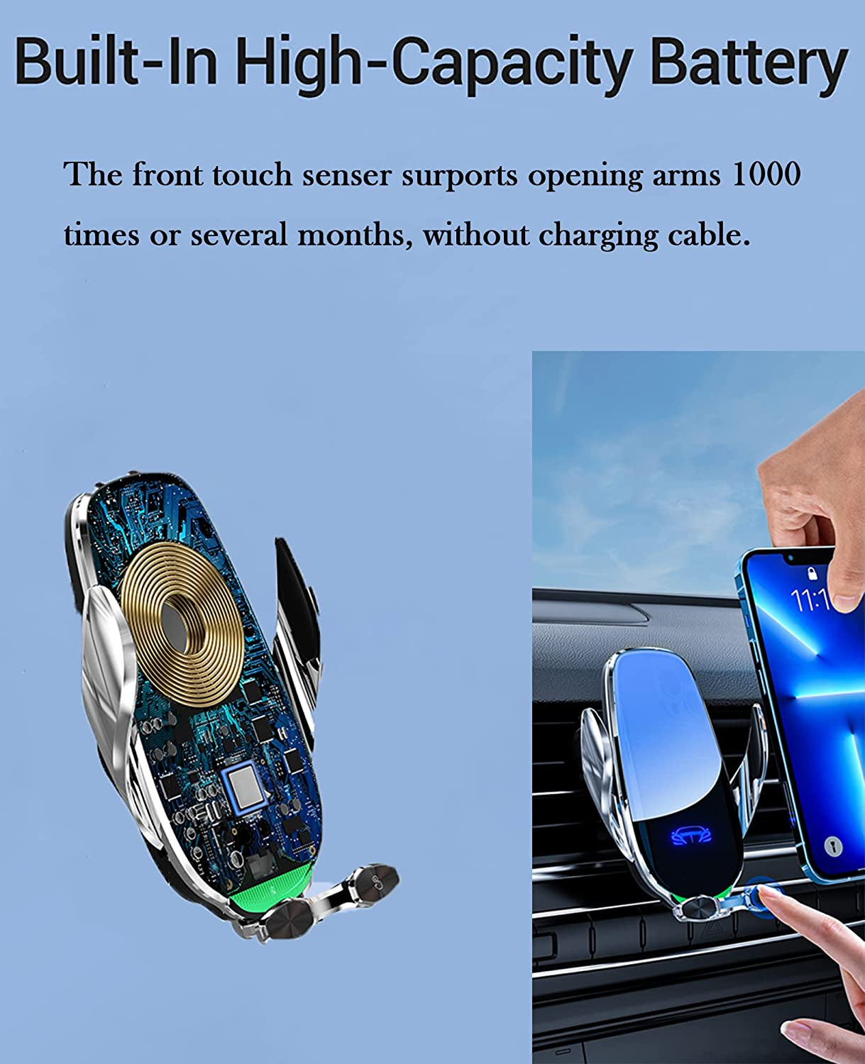 15W Fast Wireless Phone Charger, Car Wireless Phone Charger and Holder, Auto-Clamping Senser, 1000 Times Opening without Power, Suit for Car Office Kitchen, round Vent Friendly, Case Friendly