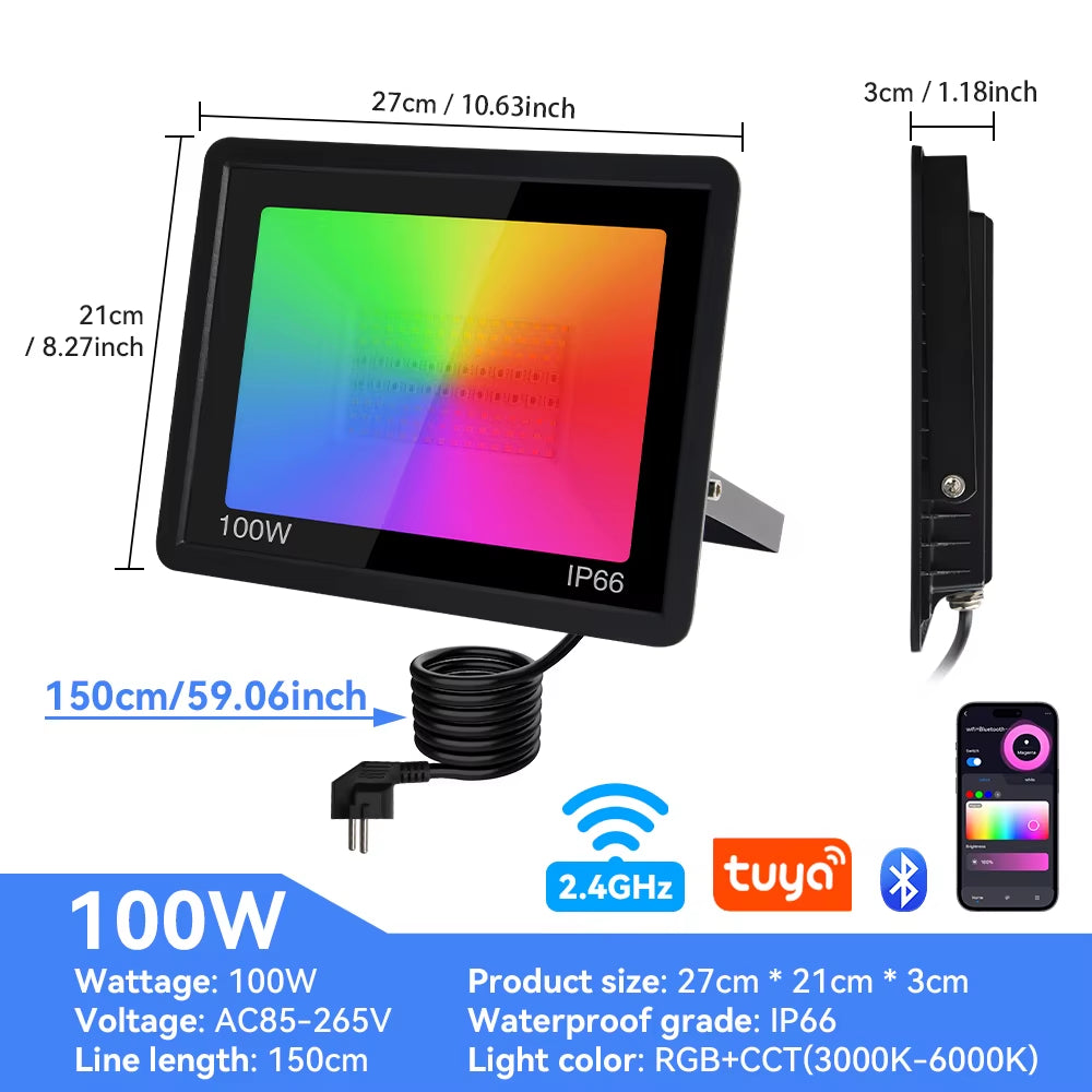 RGB Floolight TUYA Smart Control Floolight RGBCW IP65 Outoor Light 50W 100W Multicolor Spotlights WIFI Connect for Garen Bac
