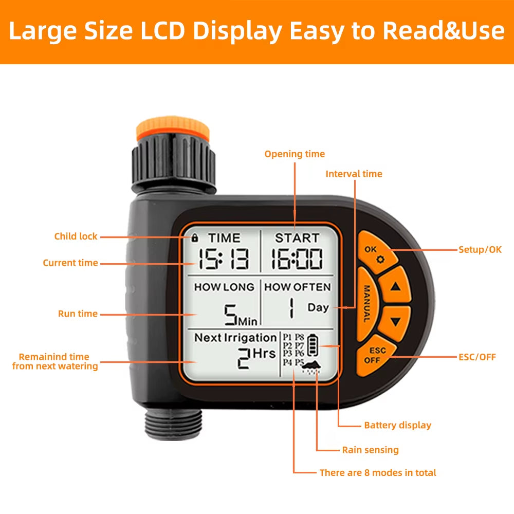20M Smart Garden Timer Irrigation Set IPX5 Waterproof LCD Automatic Watering Controller Set with Rain Sensor for Farms