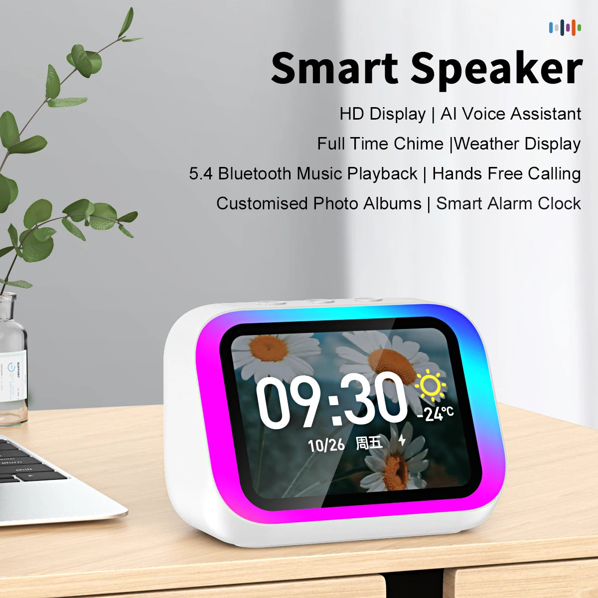 AI Smart Bluetooth 5.4 Speaker Voice assistant HDTouch Screen Display Electronic Album Alarm Clock Hi-fi Stereo Sound