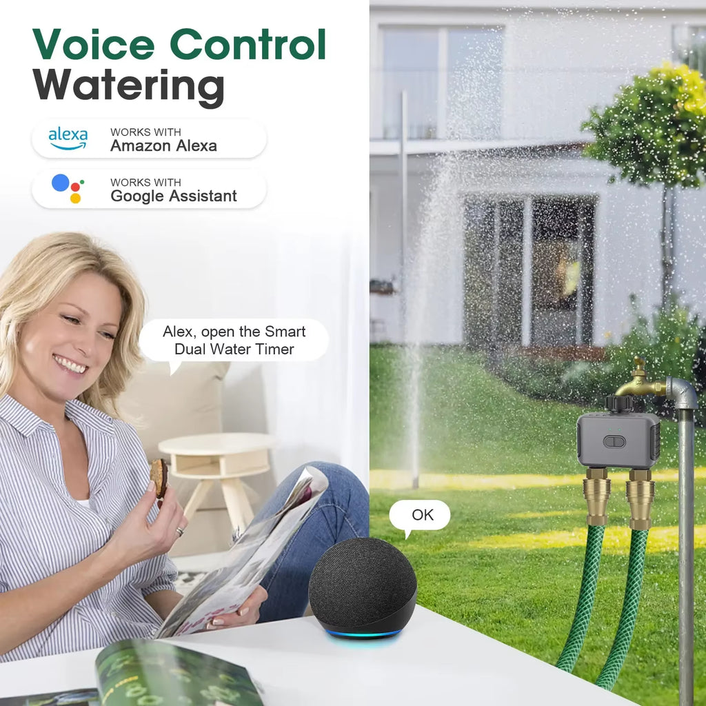 Tuya Smart Garden Watering Timers 2 Outlet Sprinkler Drip Irrigation Controller Water Valve Rain Delay Programmable Controllers