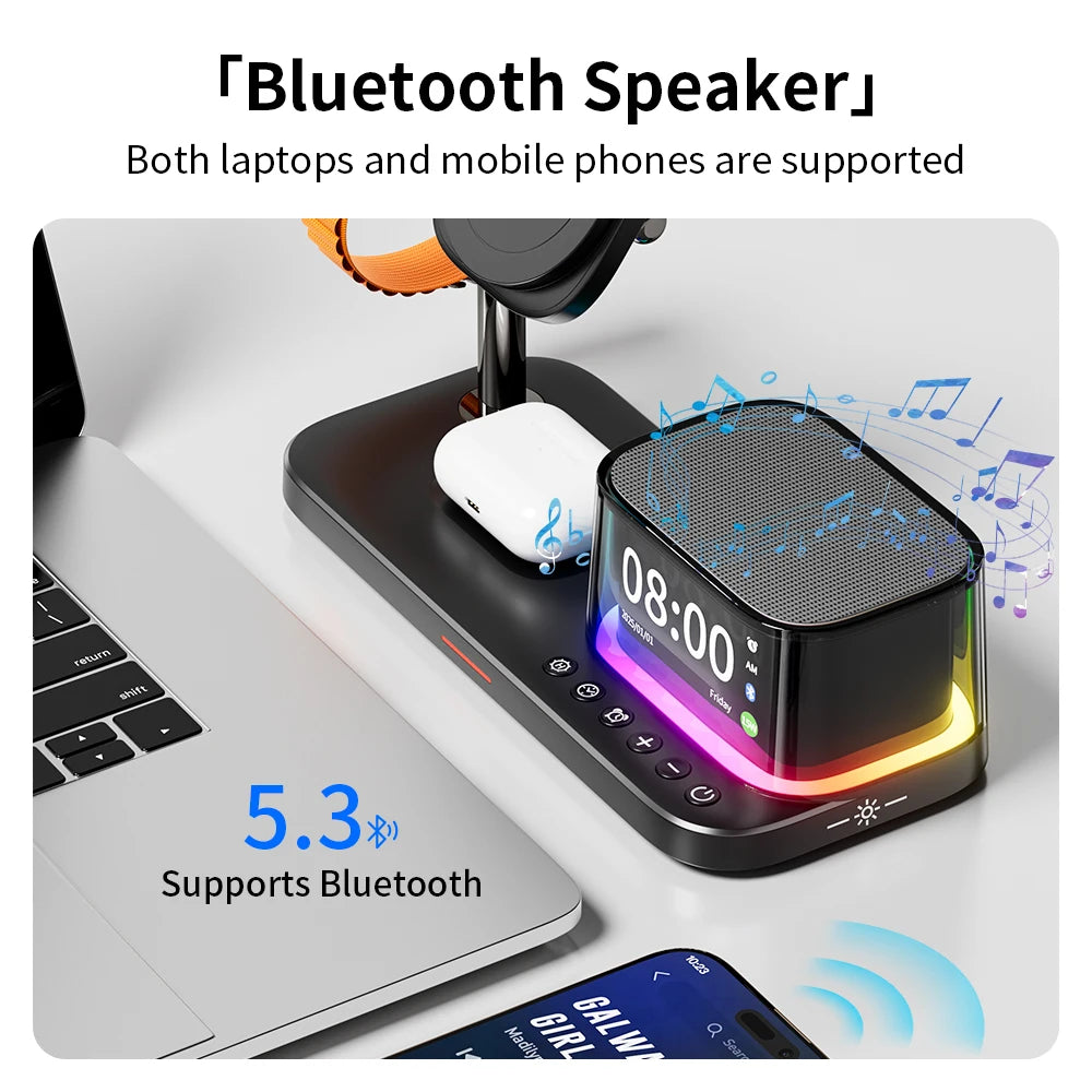 Qi2 25W 5 in 1 Magnetic Wireless Charger Stand with Speaker 25W Fast Charging for Iphone 17 16 15 Pro Max, Airpods,iwatch