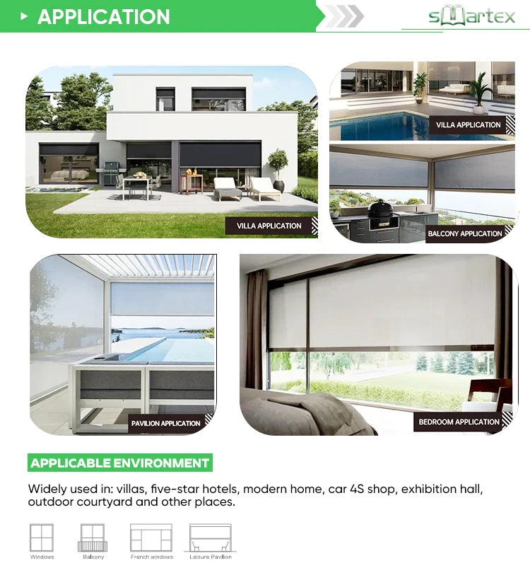 Motorized Windproof Waterproof Blinds Zip Screen Roller Blinds Zip Track Outdoor Glass Fiber Fabric for Garden