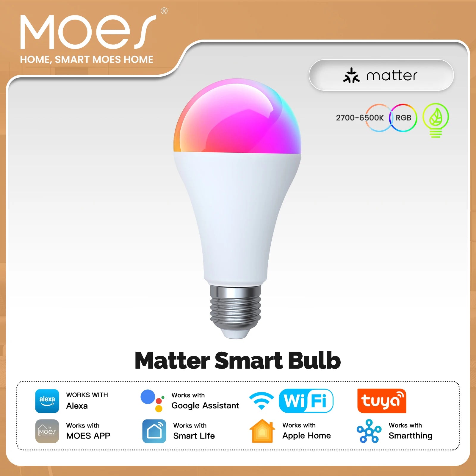 MOES Tuya Matter WiFi Smart E27 LED Bulb Dimmable 16 Million RGB Colors Candle Lamp Voice Control Works with Alexa Google Home