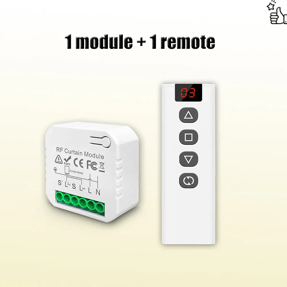 433 MHz RF Curtain Switch Module AC 220V 10A Shutter Controllers with Wireless Remote for Motorized Roller Shutter Blinds Motor