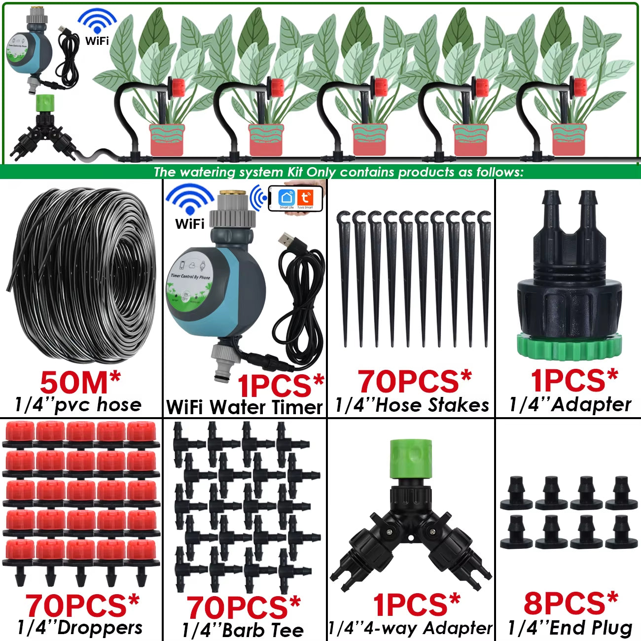 5-50M Garden Automatic Watering System Kit Wifi 4/7Mm Micro Drip Irrigation Dropper DIY for Potted Plants Lawn Greenhouse