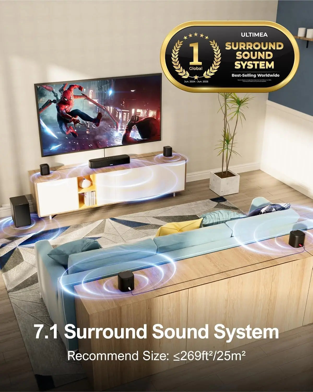7.1ch Virtual Surround Soundbar for Smart TV with 4 Speakers, 330W Peak Power, App Control, Subwoofer, Opt/AUX/BT