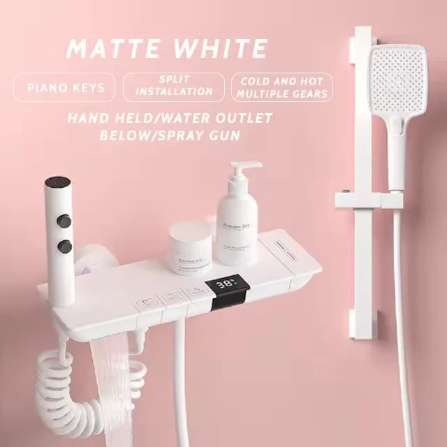 Smart LED Digital Screen Four-Function Brass Shower Set Polished Square Shower Head Ceramic Rain Waist Back SPA Apartment