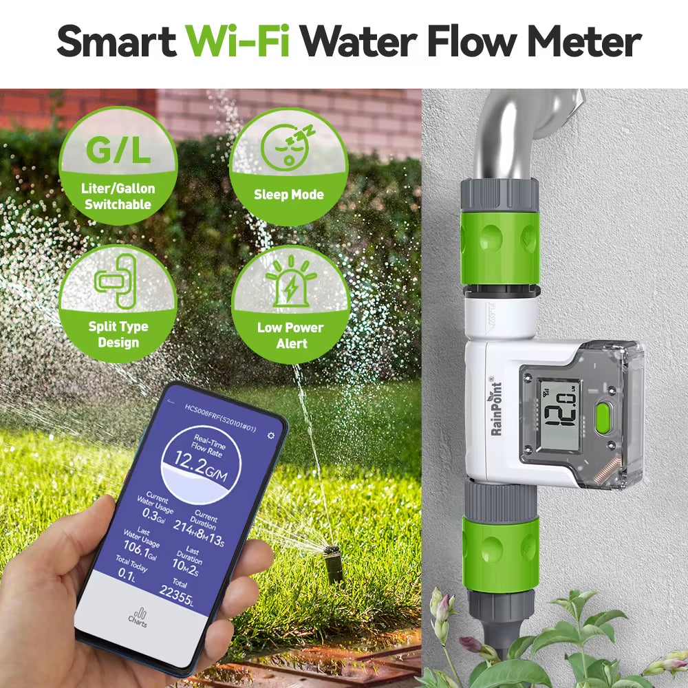 Wifi Digital Water Flow Meter IPX6 3/4" Outdoor Garden Faucet Hose Water Calculate Consumption History Monitor Flow Rate Control