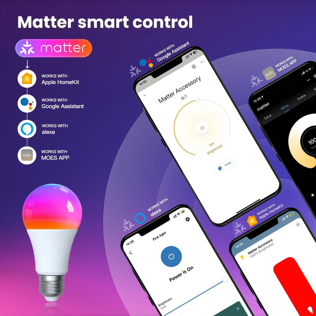 MOES Tuya Matter WiFi Smart E27 LED Bulb Dimmable 16 Million RGB Colors Candle Lamp Voice Control Works with Alexa Google Home