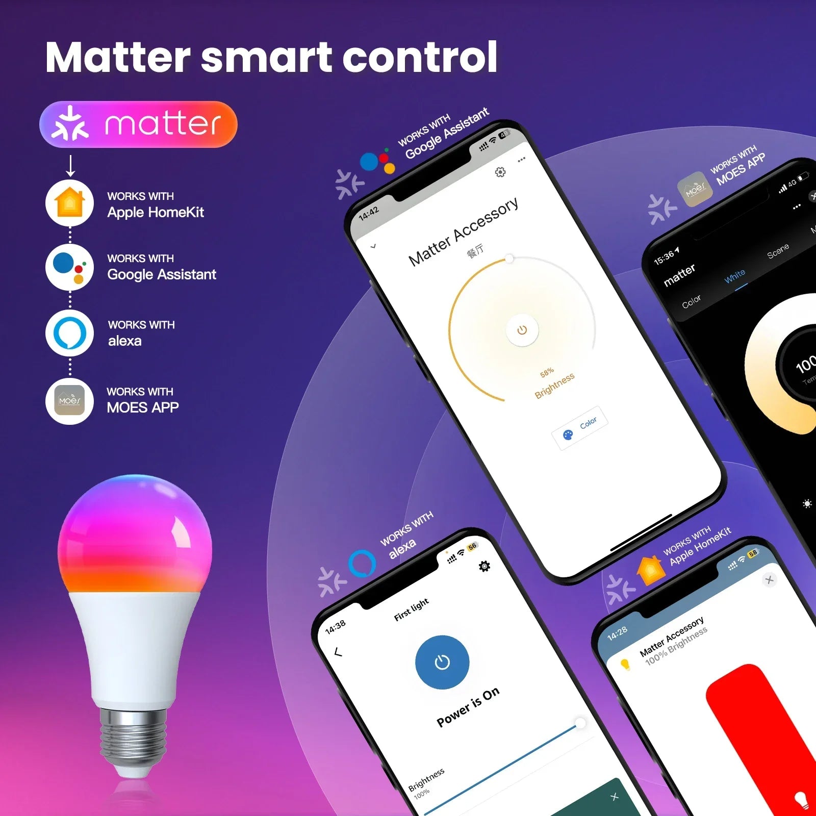 MOES Tuya Matter WiFi Smart E27 LED Bulb Dimmable 16 Million RGB Colors Candle Lamp Voice Control Works with Alexa Google Home