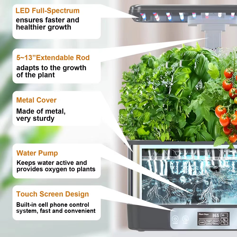 Wifi Hydroponics Growing System Stainless Steel 8 Pods Planter Indoor Garden Herbs Planting Box with Spectrum LED Grow Lights