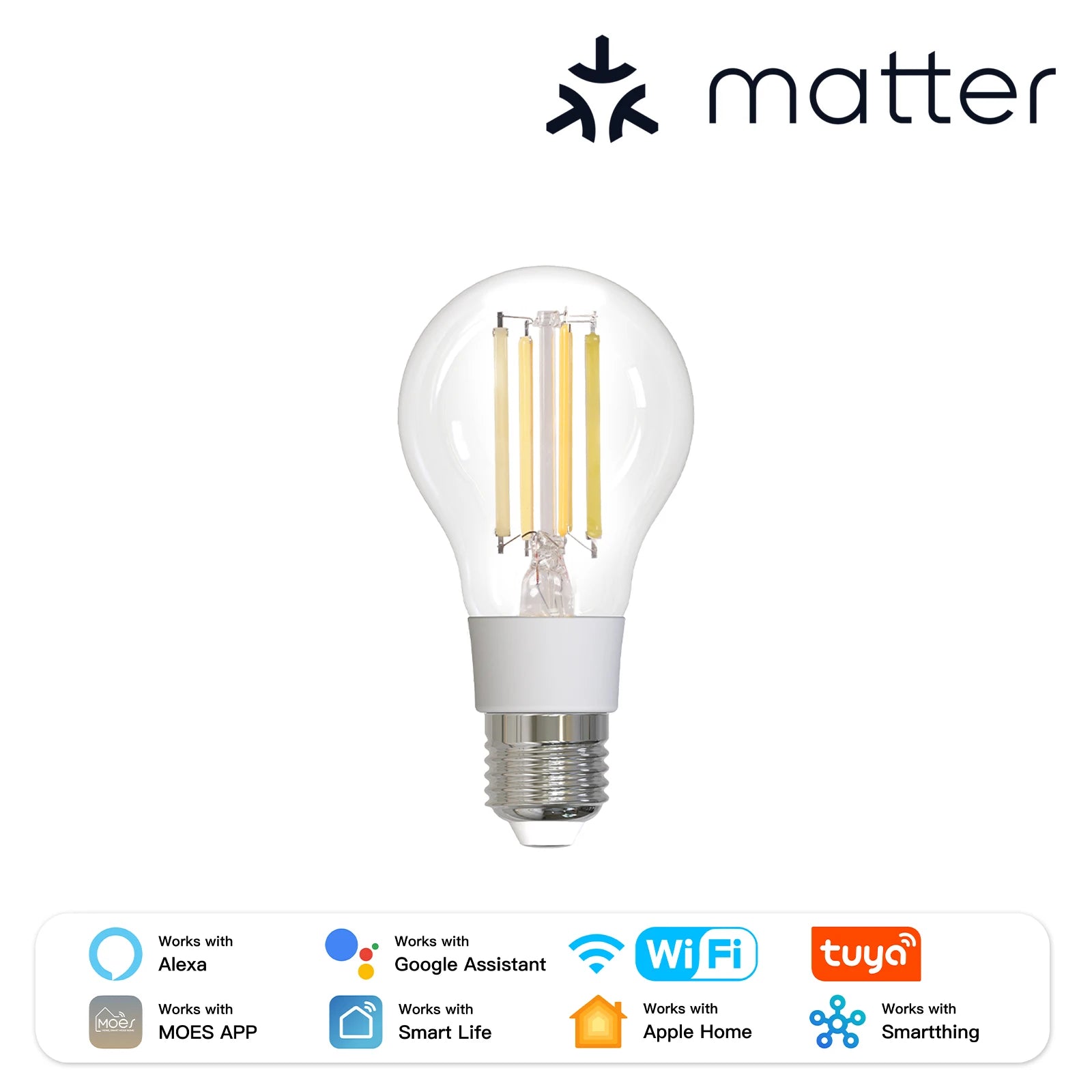 MOES Tuya Matter E27 7W Smart LED Filament Bulb 806Lm Dimmable 2700K-6500K Adjustable White Voice Control Alexa Google Home