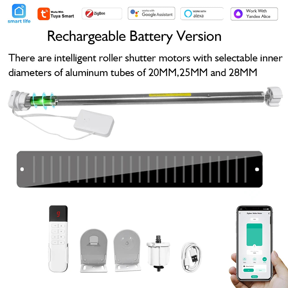 Tuya Zigbee Battery Shutter Roller Blind Motor For 20MM 25MM 28MM Tube Smart Home Compatible With Alexa Devices Voice Control