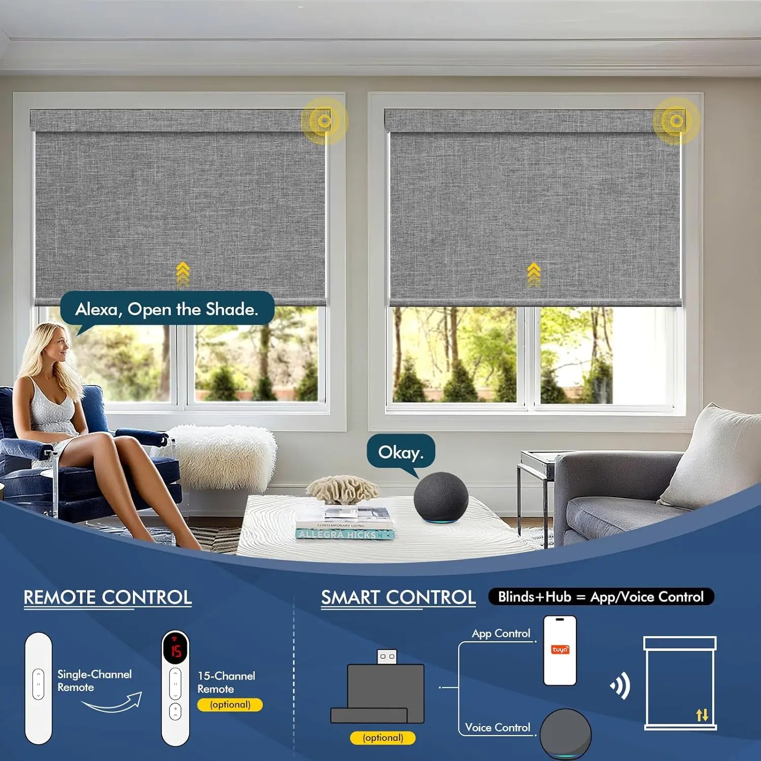 Motorized Blinds with Remote, Blackout Automatic Blinds with Solar Panel, Cordless Smart Electric Roller Shades for Windows.