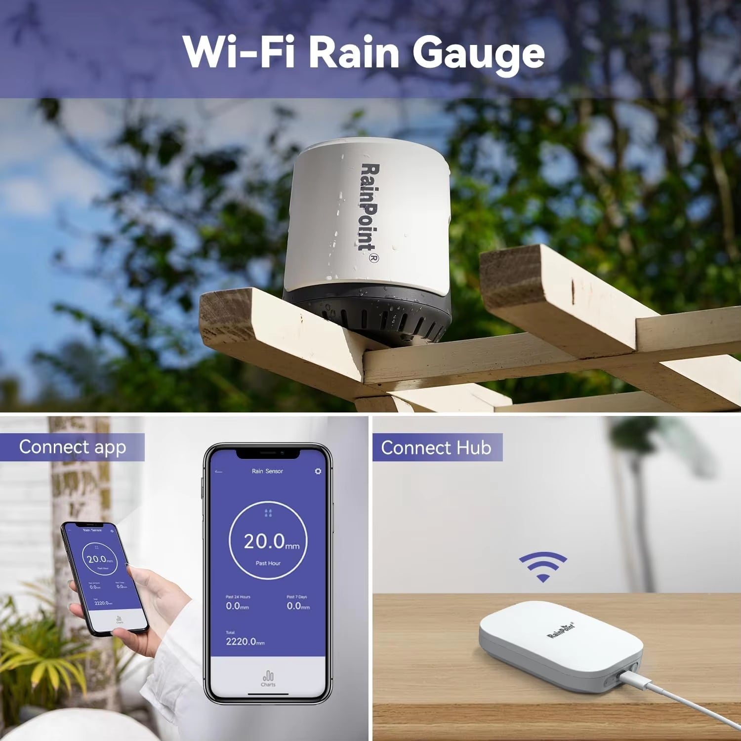 RAINPOINT Wireless Digital Rain Gauge Outdoor with App - Smart Rain Sensor with Accurate Rain Gauge Monitoring