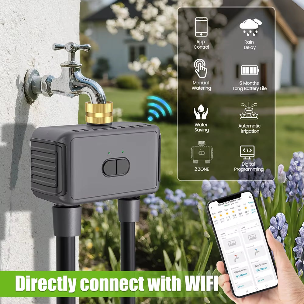 Tuya Wifi Water Timer Smart 2 Outlets Sprinkler Timer Garden Watering System Drip Irrigation Controller Rain Delay Programmer