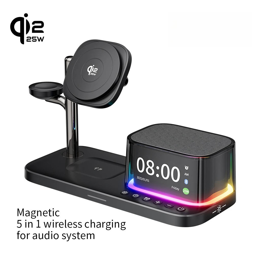 Qi2 25W 5 in 1 Magnetic Wireless Charger Stand with Speaker 25W Fast Charging for Iphone 17 16 15 Pro Max, Airpods,iwatch