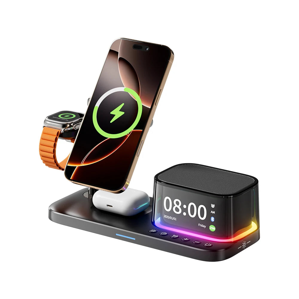 Qi2 25W 5 in 1 Magnetic Wireless Charger Stand with Speaker 25W Fast Charging for Iphone 17 16 15 Pro Max, Airpods,iwatch