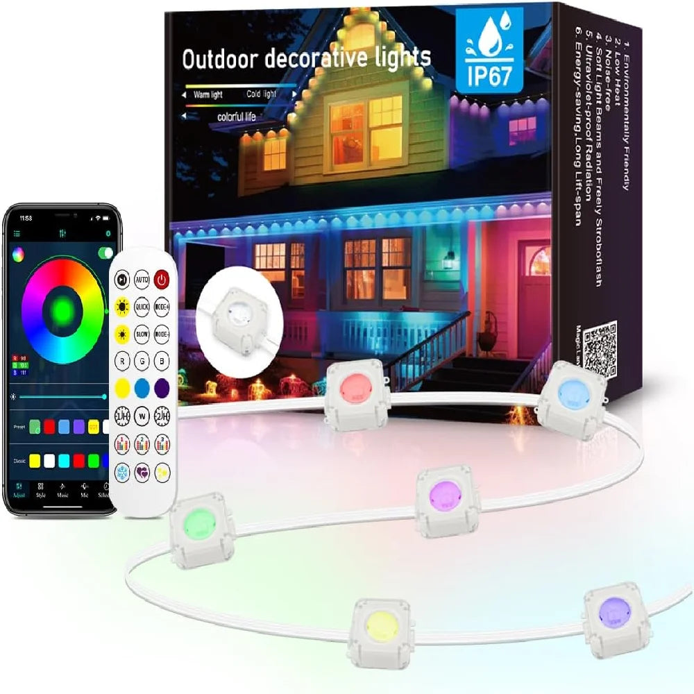 15M/30M/45M/60M RGBIC Smart Eaves Light with App/Remote Control IP67 Waterproof Outdoor String Lights House Roof Garden Lighting