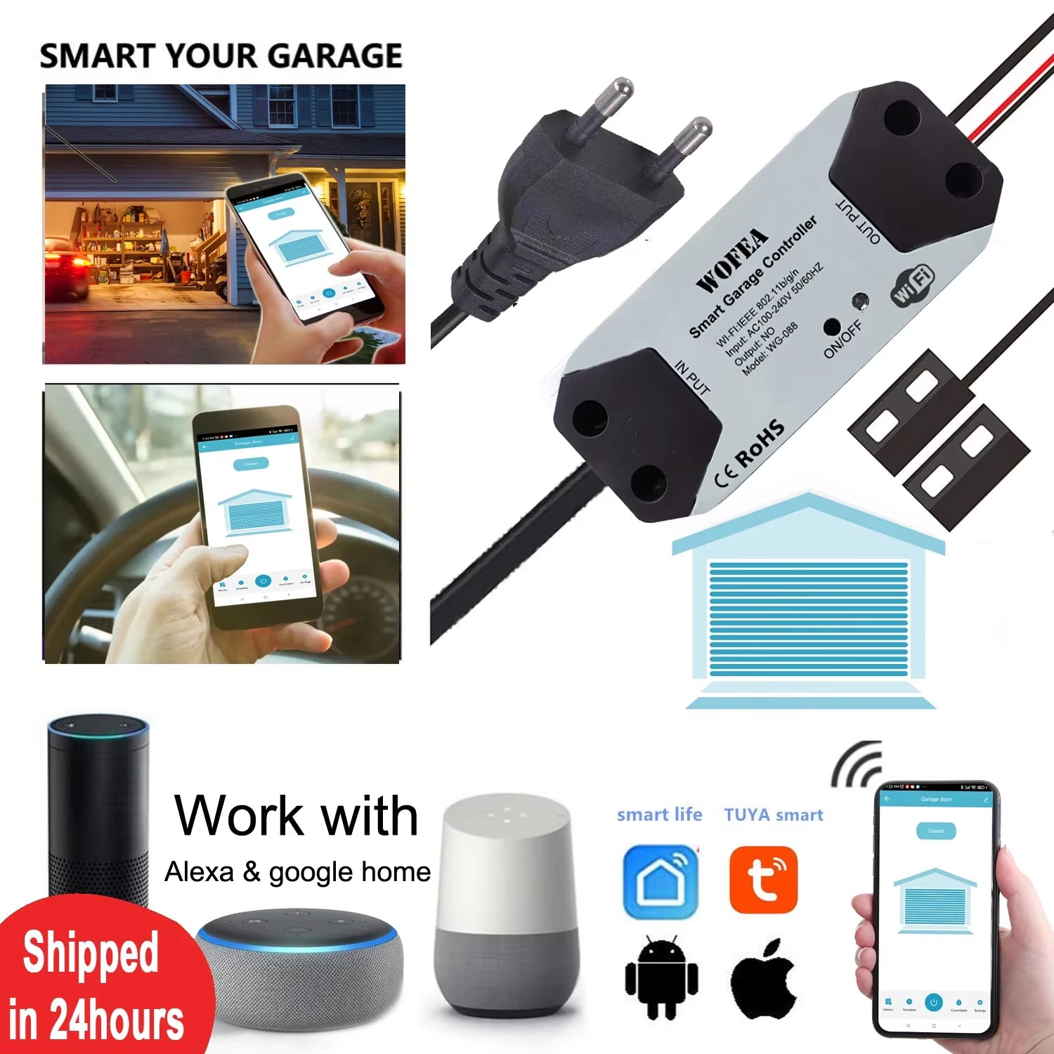 Wifi Switch Smart Garage Door Opener Controller Work with Alexa Echo Google Home Smartlife/Tuya APP Control No Hub Require