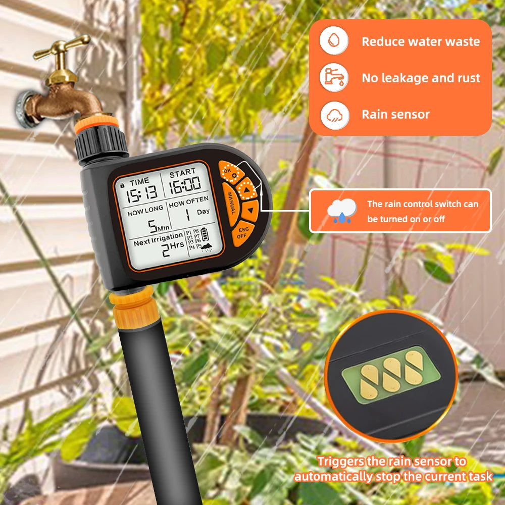 20M Smart Garden Timer Irrigation Set IPX5 Waterproof LCD Automatic Watering Controller Set with Rain Sensor for Farms