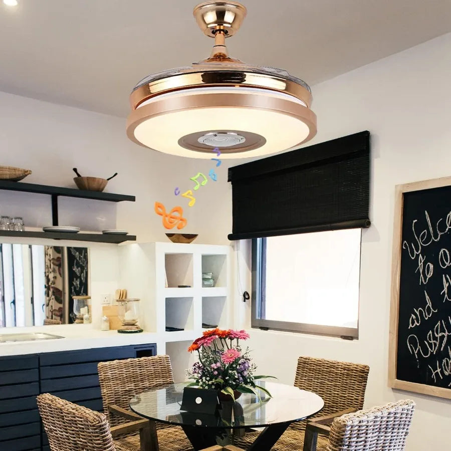 36'' Modern Smart Ceiling Fans with Integrated Light and Bluetooth Speaker 7-Color Adjustable LED Lighting Retractable Blades f