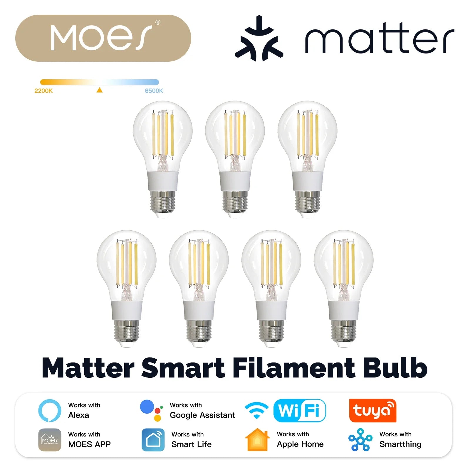 MOES Tuya Matter E27 7W Smart LED Filament Bulb 806Lm Dimmable 2700K-6500K Adjustable White Voice Control Alexa Google Home