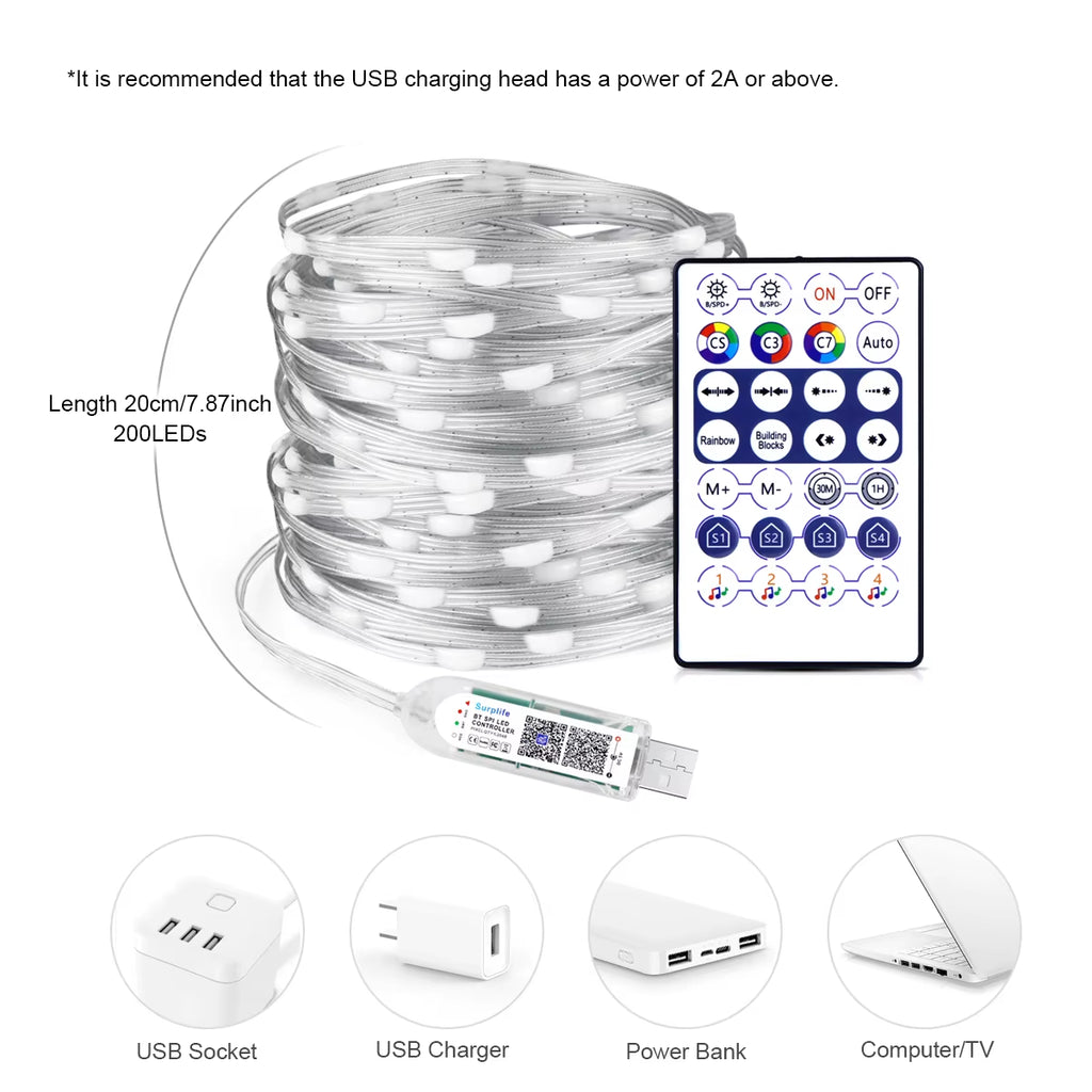 Smart RGBIC LED Strip Light, Bluetooth, USB, 20M, Waterproof, String Light, Room, Outdoor, Garden, Fairy Lights, DIY Decoration