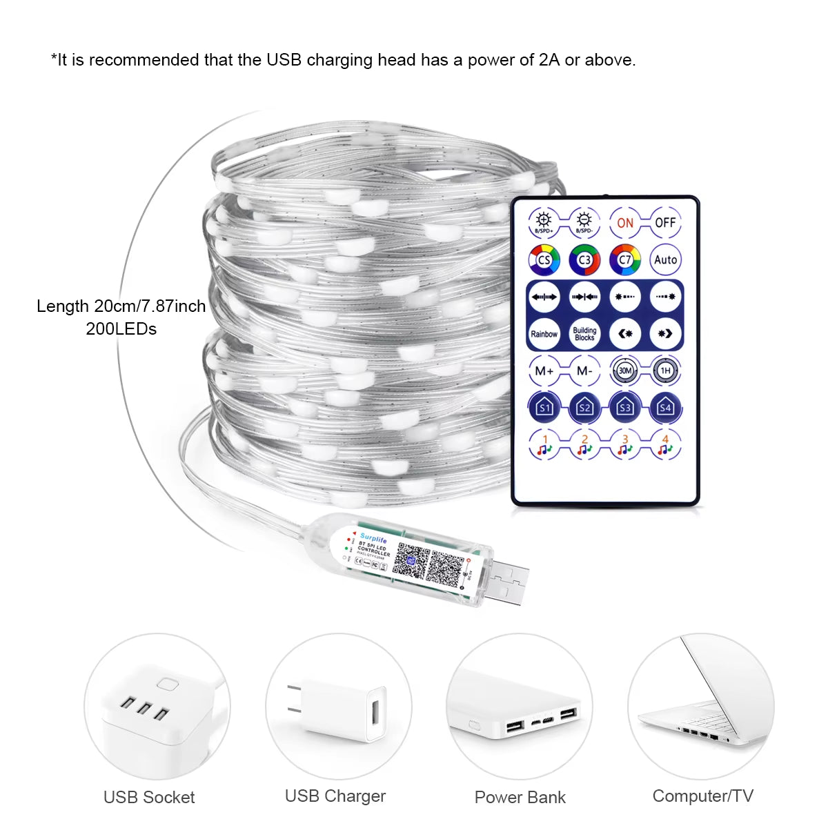 Smart RGBIC LED Strip Light, Bluetooth, USB, 20M, Waterproof, String Light, Room, Outdoor, Garden, Fairy Lights, DIY Decoration