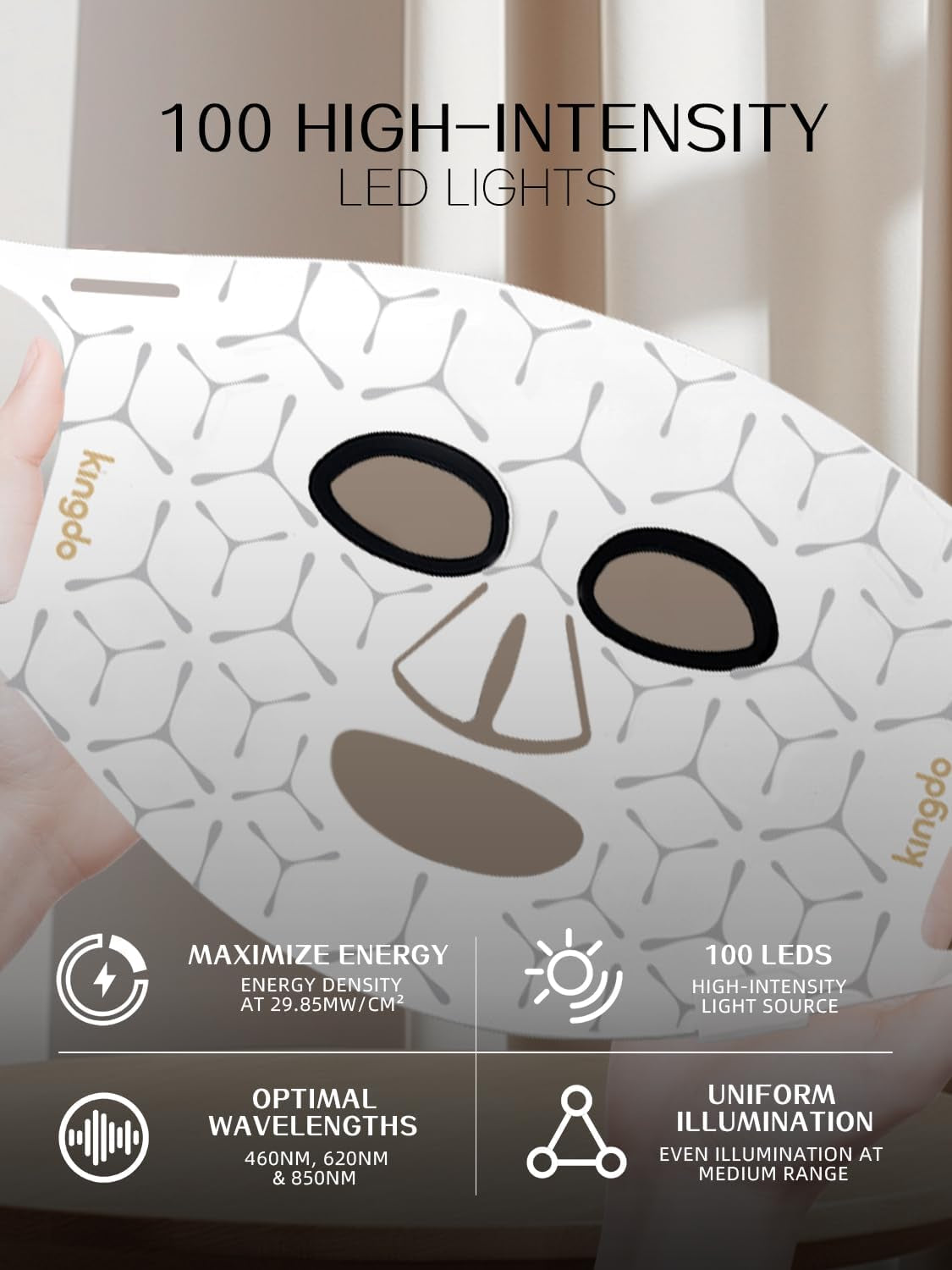 Kingdo 4-Colors LED Face Mask with 100 Leds - near Infrared, Blue & Red Light Therapy for Face, LED Face Mask Light Therapy Device Tool Beauty Skin Care(White)