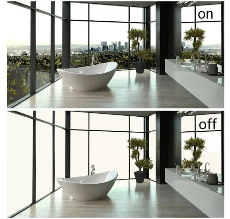 Modern bathroom with large windows featuring PDLC smart film on/off states, illustrating clear and frosted privacy.