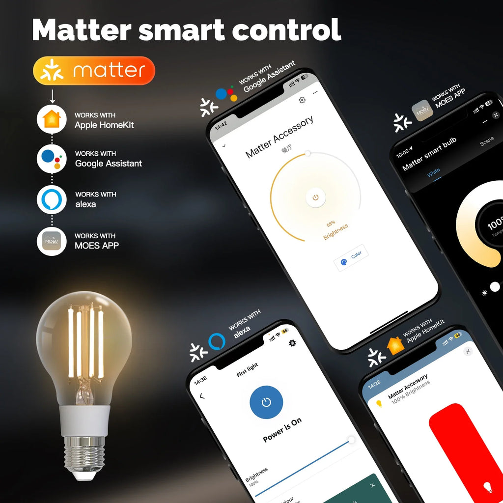 MOES Tuya Matter E27 7W Smart LED Filament Bulb 806Lm Dimmable 2700K-6500K Adjustable White Voice Control Alexa Google Home
