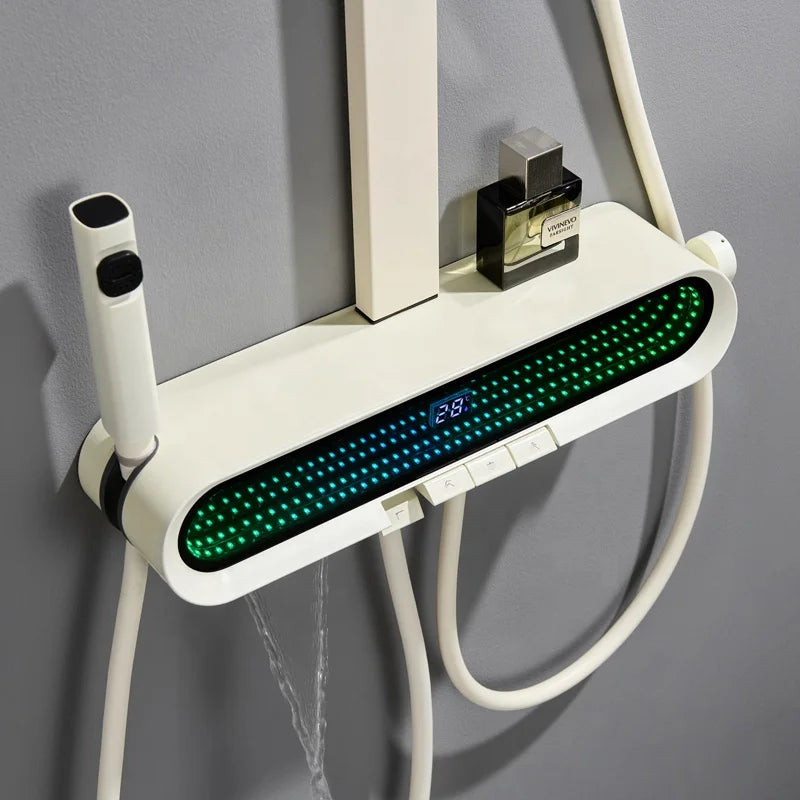 Smart Hot Selling Household White Shower Column Waterfall Modern Bathroom Thermostatic Shower Head Piano Key Digital Shower Set