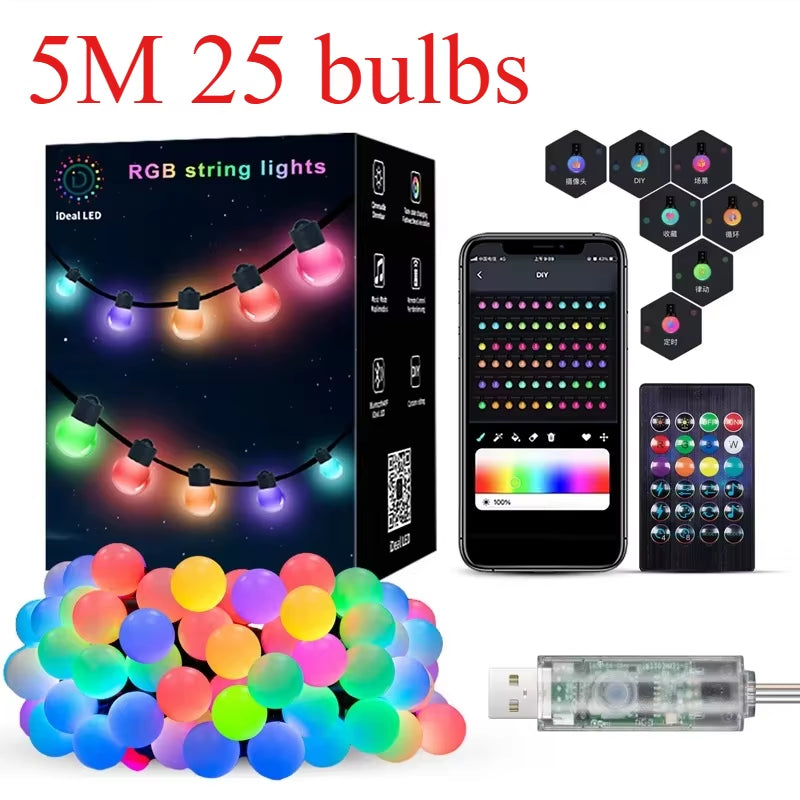 Smart Globe String Lights 5/10M RGB Color Changing LED String Fairy Lights App & Remote Control for Garden Party Christmas Decor